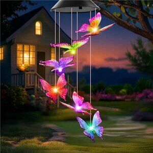 Solar Butterfly Wind Chimes  Color Changing Garden Light Gift Set